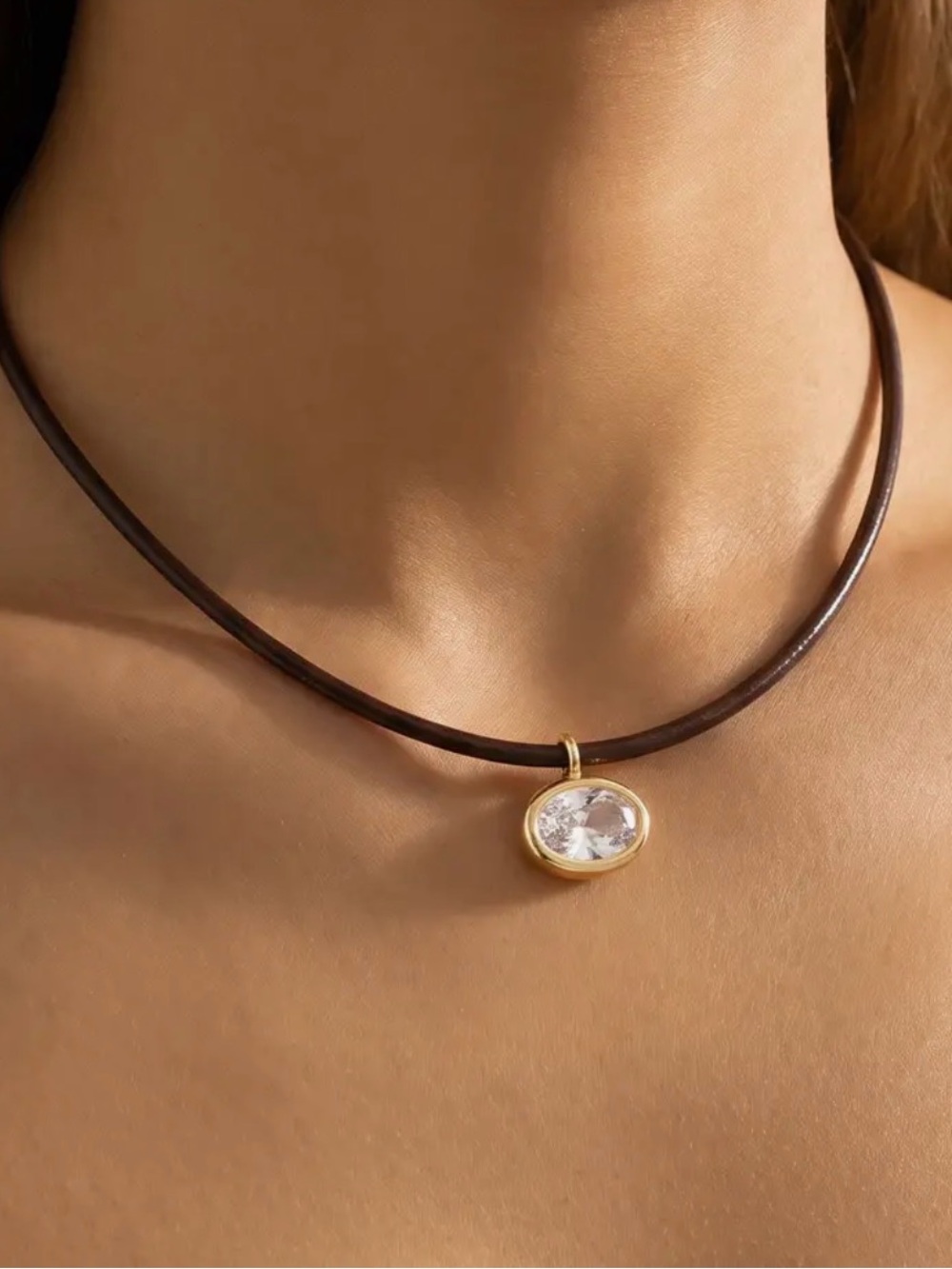 GOLD OVAL BEZEL CZ BLACK CHORD NECKLACE (8702)